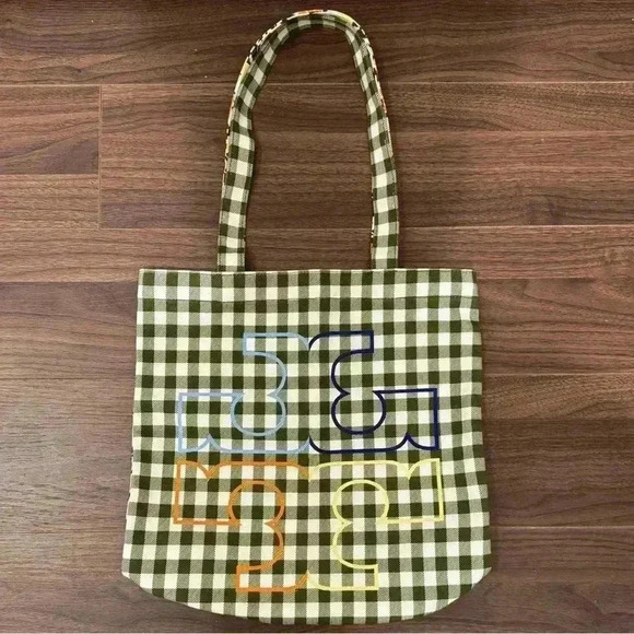 TORY BURCH Floral Gingham Canvas Tote - Picture 1 of 6